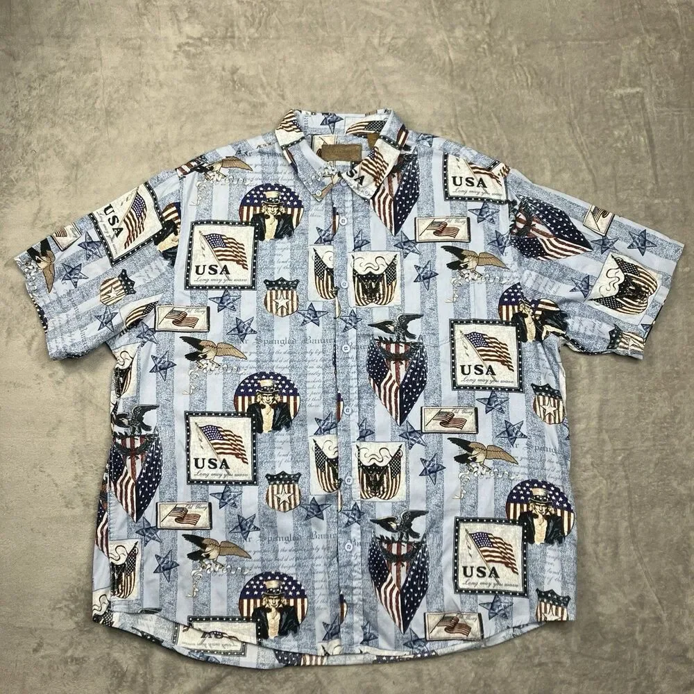 Patriotic Shirt XXL American Flag Uncle Sam Button Up USA Clearwater Outfitters